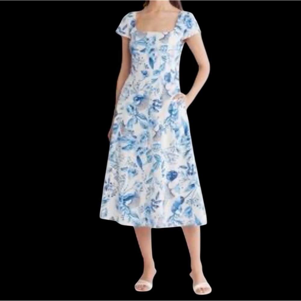 Avec Les Filles Blue and White Floral Midi Dress